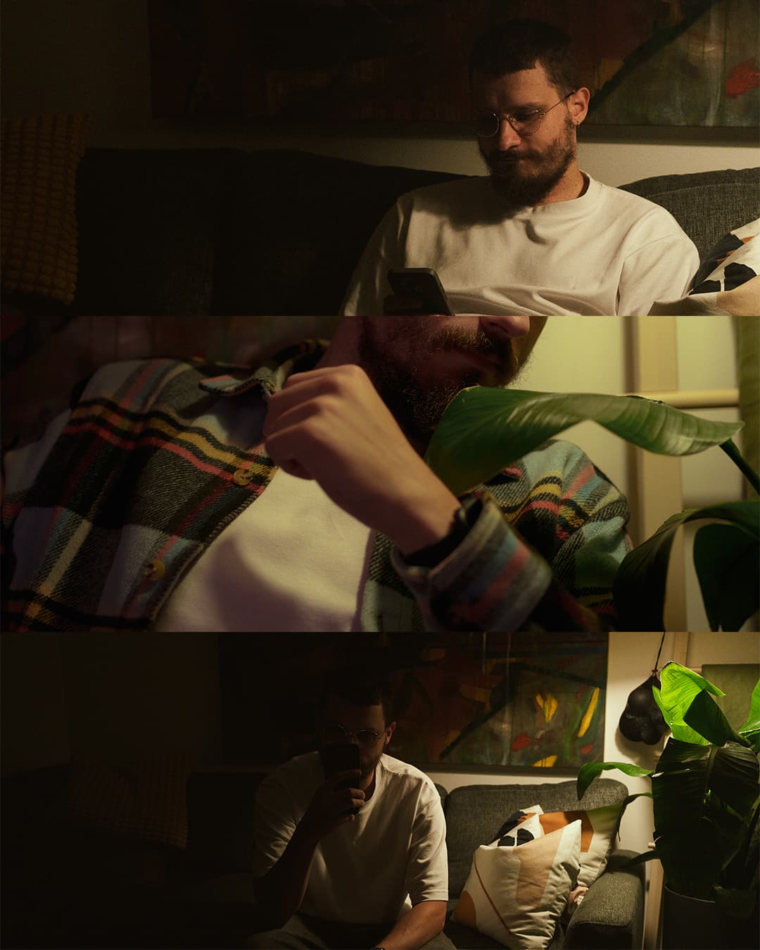 man indoor triptych warm light